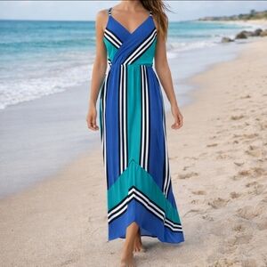 Bebe High-Low Striped Maxi Dress Blue Teal Black White Y2K Style Size S